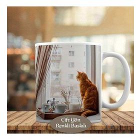 HEDIYELIK-9725 Cam Kenarında Sarı Kedicik Yazılı Kupa Bardak