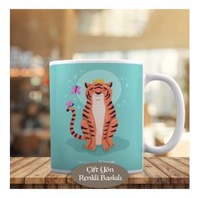 HEDIYELIK-991 Kelebekler ve Gülümseyen Kaplan Tiger Kupa Bardak