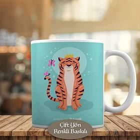 HEDIYELIK-991 Kelebekler ve Gülümseyen Kaplan Tiger Kupa Bardak