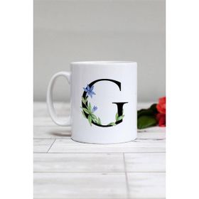 Hedizu Çiçek Desenli G Harfli Beyaz Kupa