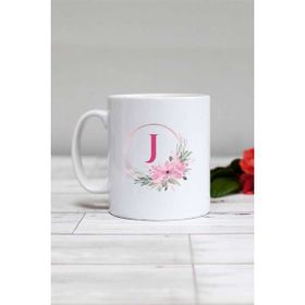 Hedizu Çiçekli J Harfli Beyaz Kupa