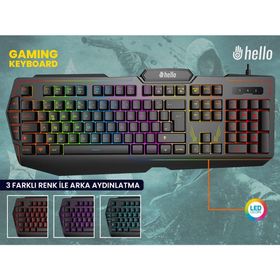 Hello Hl-4618 4 Makro Tuşlu 3 Renk Işıklı Kablolu Gaming Oyuncu Klavye