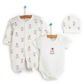 HelloBaby Yenidoğan Baby Mom&Dad Kendinden Eldivenli Unisex Ekru Tulum + Body + Şapka