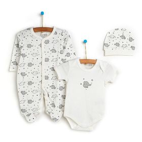 HelloBaby Yenidoğan Bebek Sevimli Fil Kendinden Eldivenli Ekru Tulum + Body + Şapka