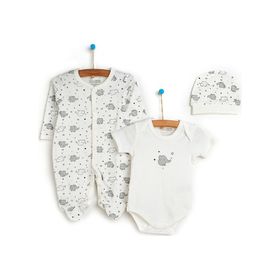 HelloBaby Yenidoğan Bebek Sevimli Fil Kendinden Eldivenli Ekru Tulum + Body + Şapka