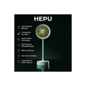 Hepu HP 9050 Şarjlı 5 Kollu 3 Hız Kademeli Süper Soğutma Gece Lambalı Vantilatör