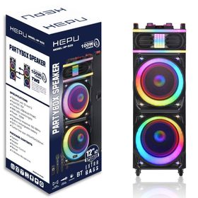 Hepu HP 928 100 W 12 inç 2 Subw Super Bass Şarjlı Ahşap Parti Bluetooth Hoparlör