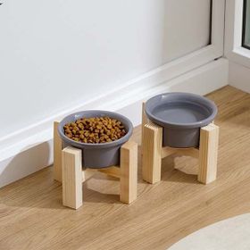 Herniks 12x10 cm Gri Ahşap Ayaklı Seramik Kedi Köpek 2'li Mama ve Su Kabı