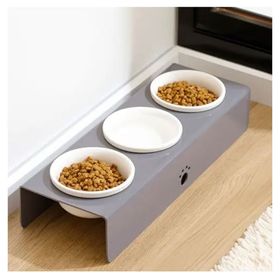 Herniks Pati Desenli Şeffaf Pleksi ve Seramik 44x15 cm Gri 3'lü Mama Kabı