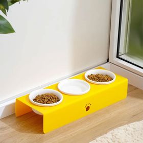 Herniks Pati Desenli Şeffaf Pleksi ve Seramik 44x15 cm Sarı 3'lü Mama Kabı