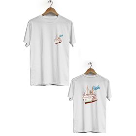 Hero Tasarım BLL1427 Beyaz İstanbul Tekne Ön Arka Baskılı Bisiklet Yaka Kısa Kollu Erkek T-shirt