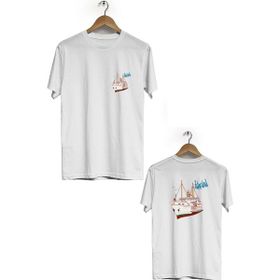 Hero Tasarım BLL1427 Beyaz İstanbul Tekne Ön Arka Baskılı Bisiklet Yaka Kısa Kollu Erkek T-shirt