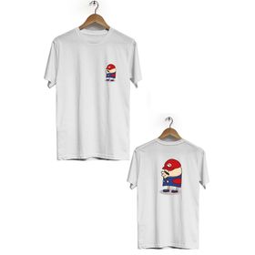 Hero Tasarım BLL1719 Beyaz Super Mario Ön Arka Baskılı Bisiklet Yaka Kısa Kollu Erkek T-shirt