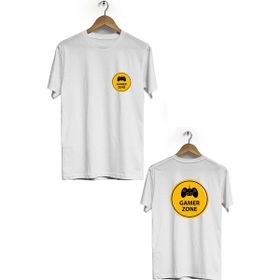 Hero Tasarım BLL1730 Beyaz Gamer Zone Ön Arka Baskılı Bisiklet Yaka Kısa Kollu Erkek T-shirt