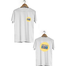 Hero Tasarım BLL1768 Beyaz Fotoğraf Makinesi Ön Arka Baskılı Bisiklet Yaka Kısa Kollu Erkek T-shirt