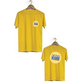 Hero Tasarım BLL1768 Sarı Fotoğraf Makinesi Ön Arka Baskılı Bisiklet Yaka Kısa Kollu Erkek T-shirt