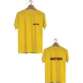Hero Tasarım BLL1796 Sarı Gamer Ön Arka Baskılı Bisiklet Yaka Kısa Kollu Erkek T-shirt