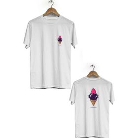Hero Tasarım BLL1834 Beyaz Uzay Dondurması Ön Arka Baskılı Erkek T-shirt