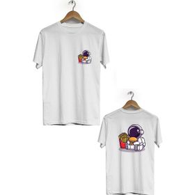Hero Tasarım BLL1861 Beyaz Space Eat Ön Arka Baskılı Erkek T-shirt