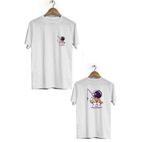 Hero Tasarım BLL1862 Beyaz Space Fish Ön Arka Baskılı Erkek T-shirt