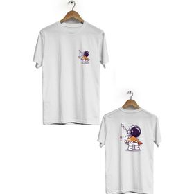 Hero Tasarım BLL1862 Beyaz Space Fish Ön Arka Baskılı Erkek T-shirt
