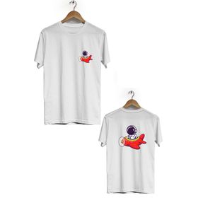 Hero Tasarım BLL1864 Beyaz Space Aeroplane Ön Arka Baskılı Erkek T-shirt
