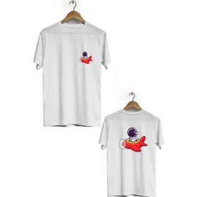 Hero Tasarım BLL1864 Beyaz Space Aeroplane Ön Arka Baskılı Erkek T-shirt