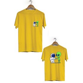 Hero Tasarım BLL1879 Sarı Uzay Dostluğu Ön Arka Baskılı Erkek T-shirt