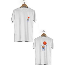 Hero Tasarım BLL1880 Beyaz Uzay Kedisi Ön Arka Baskılı Bisiklet Yaka Kısa Kollu Erkek T-shirt
