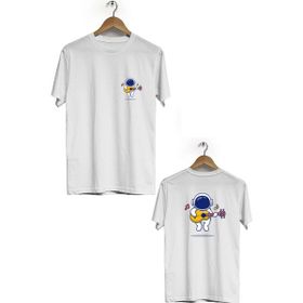 Hero Tasarım BLL1895 Beyaz Müzisyen Astronot Ön Arka Baskılı Bisiklet Yaka Erkek T-shirt
