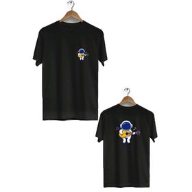 Hero Tasarım BLL1895 Siyah Müzisyen Astronot Ön Arka Baskılı Bisiklet Yaka Erkek T-shirt