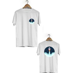 Hero Tasarım BLL1986 Beyaz Uzaya Yolculuk Ön Arka Baskılı Erkek T-shirt