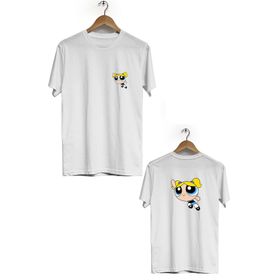 Hero Tasarım BLL210 Beyaz Powerpuff Girls Ön Arka Baskılı Bisiklet Yaka Erkek T-shirt