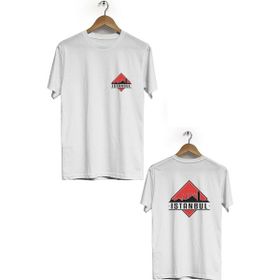Hero Tasarım BLL2201 Beyaz İstanbul Ön Arka Baskılı Bisiklet Yaka Kısa Kollu Erkek T-shirt