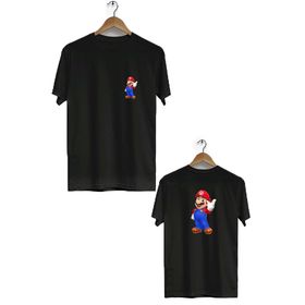 Hero Tasarım BLL2579 Siyah Mario Ön Arka Baskılı Bisiklet Yaka Erkek T-shirt