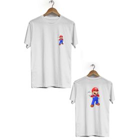Hero Tasarım BLL2593 Beyaz Mario Ön Arka Baskılı Bisiklet Yaka Erkek T-shirt