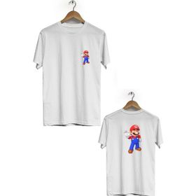 Hero Tasarım BLL2593 Beyaz Mario Ön Arka Baskılı Bisiklet Yaka Erkek T-shirt