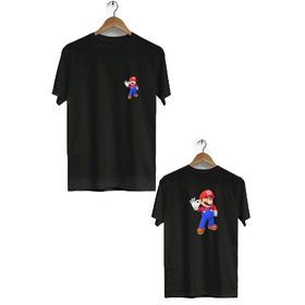 Hero Tasarım BLL2593 Siyah Mario Ön Arka Baskılı Bisiklet Yaka Erkek T-shirt