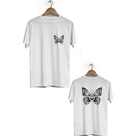 Hero Tasarım BLL2607 Beyaz Kelebek Ön Arka Baskılı Bisiklet Yaka Erkek T-shirt