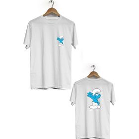 Hero Tasarım BLL2712 Beyaz Şirinler Ön Arka Baskılı Bisiklet Yaka Kısa Kollu Erkek T-shirt