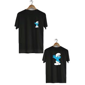 Hero Tasarım BLL2712 Siyah Şirinler Ön Arka Baskılı Bisiklet Yaka Kısa Kollu Erkek T-shirt