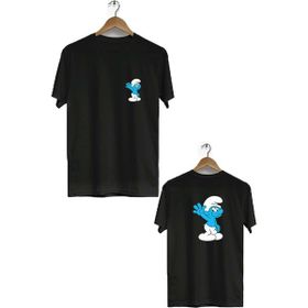 Hero Tasarım BLL2712 Siyah Şirinler Ön Arka Baskılı Bisiklet Yaka Kısa Kollu Erkek T-shirt
