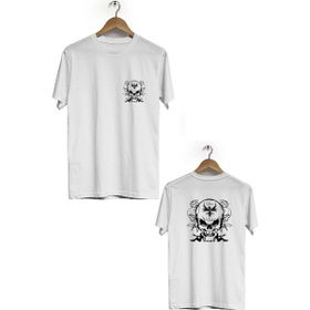 Hero Tasarım BLL2863 Beyaz Kuru Kafa Ön Arka Baskılı Bisiklet Yaka Kısa Kollu Erkek T-shirt