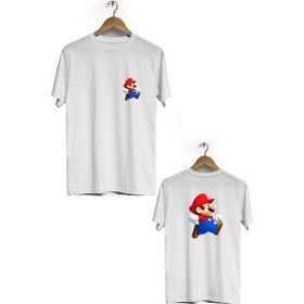 Hero Tasarım BLL2871 Beyaz Mario Ön Arka Baskılı Bisiklet Yaka Erkek T-shirt