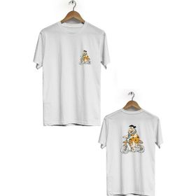 Hero Tasarım BLL3001 Beyaz Fred Çakmaktaş Ön Arka Baskılı Bisiklet Yaka Kısa Kollu Erkek T-shirt
