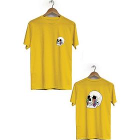 Hero Tasarım BLL3262 Sarı Kuru Kafa Ön Arka Baskılı Bisiklet Yaka Kısa Kollu Erkek T-shirt