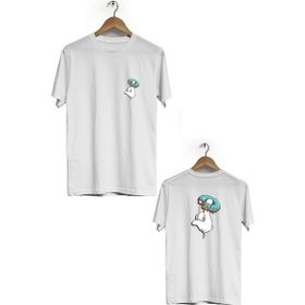 Hero Tasarım BLL3292 Beyaz Donut Ön Arka Baskılı Bisiklet Yaka Erkek T-shirt