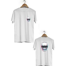 Hero Tasarım BLL3294 Beyaz Kuru Kafa Ön Arka Baskılı Bisiklet Yaka Kısa Kollu Erkek T-shirt