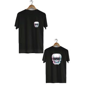 Hero Tasarım BLL3294 Siyah Kuru Kafa Ön Arka Baskılı Bisiklet Yaka Kısa Kollu Erkek T-shirt