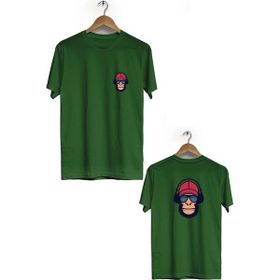Hero Tasarım BLL825 Haki Şapkalı Maymun Ön Arka Baskılı Bisiklet Yaka Kısa Kollu Erkek T-shirt